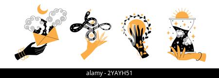 Mains de sorcière bohème. Silhouette abstraite de style bohème minimaliste avec symboles ésotériques mystiques, rituel de sorcellerie. Ensemble de vecteurs Illustration de Vecteur