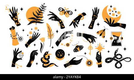 Mains boho noires. Femmes abstraites tatouées mains avec des bijoux, bracelets et bagues de mode vintage, symboles boho ésotériques mystiques. Ensemble isolé de vecteur Illustration de Vecteur