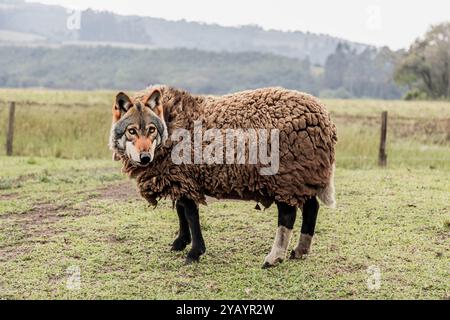 Loup dans les vêtements de mouton gros plan portrait isolé avec fond flou Banque D'Images