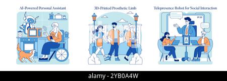 Ensemble de technologie futuriste. L'assistant AI aide à la maison, le membre imprimé en 3D améliore la mobilité, le robot de téléprésence connecte les gens. Thèmes d'innovation inclusive. Illustration vectorielle. Illustration de Vecteur