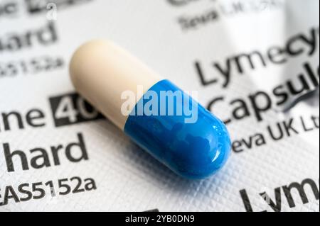 Gros plan d’une gélule unique de 408 mg de médicament Lymécycline de Hillcross AAH Pharmaceuticals placée au dos d’une plaquette thermoformée en aluminium. Banque D'Images