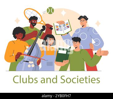 Concept de clubs et de sociétés. Groupe diversifié s'engageant dans des passe-temps, du sport à la musique et à la collecte de timbres. Célébrer les intérêts de la communauté. Illustration vectorielle. Illustration de Vecteur