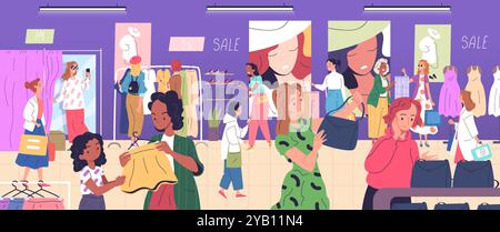 Boutique de vêtements grand public. Les femmes choisissant des vêtements d'essai sur le cintre nouveau magasin de vêtements de mode de garde-robe, shopper acheter une robe moderne ou sac à main magasin de vêtements, illustration vectorielle chic illustration original Illustration de Vecteur