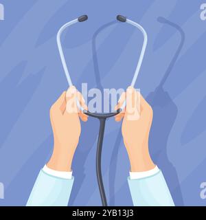 Stéthoscopes à main. Mains de médecin ou d'infirmière tenant le stéthoscope gros plan, bilan cardiaque du patient cardiologie diagnostic cardiaque médical conception de soins de santé, illustration vectorielle soignée illustration originale Illustration de Vecteur