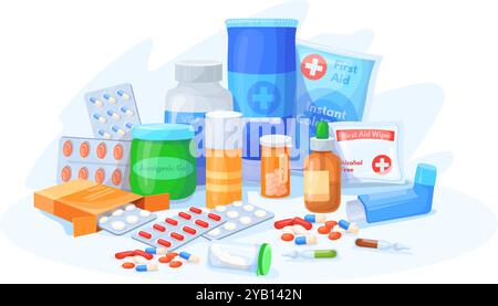 Médicaments en tas. Médicaments pharmaceutiques, produits médicaux antibiotiques pilules bouteilles pharmacie médicaments comprimés de vitamine capsules médicament, médicament vecteur de médecine soignée illustration originale Illustration de Vecteur