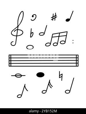 Ensemble de divers symboles musicaux et notes disposés au-dessus d'un bâton vierge, indiquant un processus de composition musicale créative Illustration de Vecteur