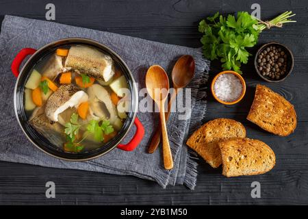 Soupe claire de brochet avec légumes, persil et épices dans un pot rouge sur une table en bois noir avec cuillères en bois et pain grillé, vue horizontale d'en haut, Banque D'Images