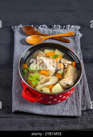 Soupe de brochet clair avec légumes, persil et épices dans un pot rouge sur une table en bois noir avec des cuillères en bois, vue verticale Banque D'Images