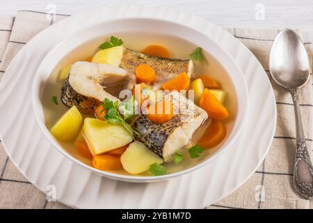 Soupe claire de brochet avec légumes, persil et épices dans un bol blanc sur une table en bois blanc avec cuillère, gros plan Banque D'Images