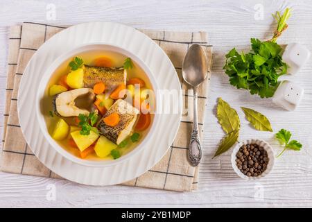 Soupe claire de brochet avec légumes, persil et épices dans un bol blanc sur une table en bois blanc avec cuillère, feuilles de laurier et grains de poivre, vue horizontale de A. Banque D'Images