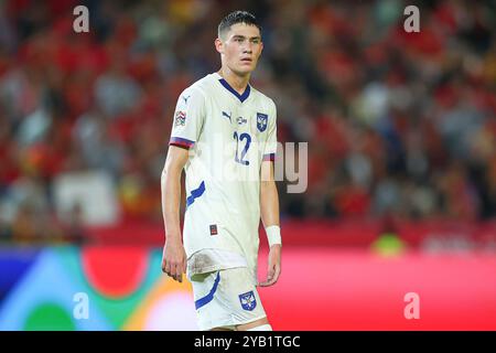 Cordoue, Espagne. 15 octobre 2024. La serbe Andrija Maksimovic lors du match de l'UEFA Nations League opposant l'Espagne à la Serbie a joué au Nuevo Arcangel Stadium le 15 octobre 2024 à Cordoue, en Espagne. (Photo de Antonio Pozo/PRESSINPHOTO) crédit : AGENCE SPORTIVE PRESSINPHOTO/Alamy Live News Banque D'Images