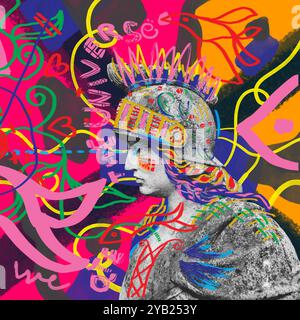 Peinture abstraite colorée avec des griffonnages de style graffiti en arrière-plan. Au milieu se trouve un soldat romain ou peut-être grec de l'Antiquité Banque D'Images