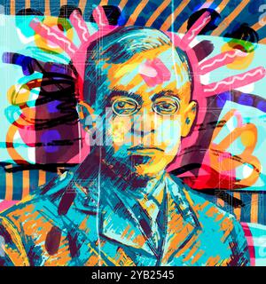 Portrait de Zeev Jabotinsky dirigeant sioniste israélien. 1880-1940. Peinture artistique et moderne avec graffiti abstrait coloré Banque D'Images