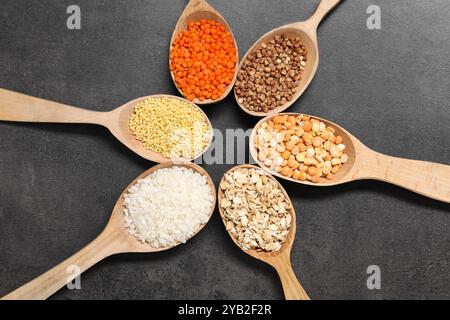 Différents types de céréales et légumineuses dans des cuillères en bois sur table grise, pose à plat Banque D'Images