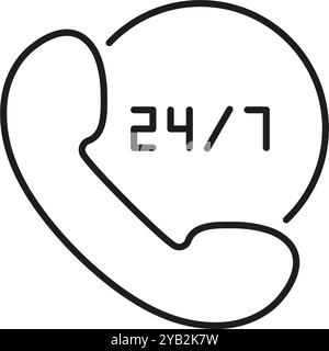 24-7 icône de ligne téléphonique du support client. Symbole de plan d'aide au temps. Contour modifiable. Illustration vectorielle isolée Illustration de Vecteur