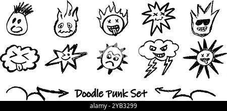 Ensemble de têtes de doodle punk. Collection de vecteur noir fusain contour fait face à des émotions d'humour dessinées à la main. Stylo de cire de style rétro dessiné de la languette de bâton Illustration de Vecteur