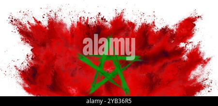 drapeau coloré du maroc afrique avec explosion de poudre de peinture holi rouge et verte d'étoile isolé sur fond blanc. euro national marocain africain Banque D'Images