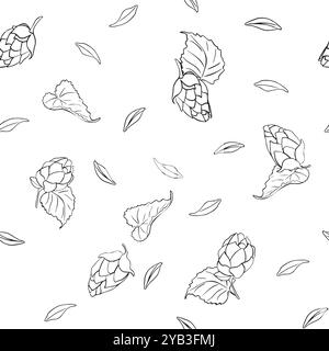 Cônes de houblon, feuilles et grains de blé monochrome vecteur sans couture isolé. Texture répétée des grains de céréales et contour noir et blanc humulus Illustration de Vecteur