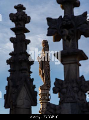 Une photo du Duomo di Milano ou de la cathédrale de Milan clochers et statues. Banque D'Images