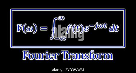 Définition de formule de transformée de Fourier (FT) en bleu 3D sur noir. Transformation intégrale convertissant le signal entre le domaine temps / fréquence Banque D'Images