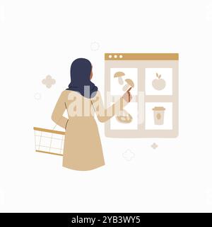 Femme musulmane avec panier sélectionnant des articles sur la plate-forme numérique. Illustration vectorielle plate sur les achats en ligne, le commerce numérique et les produits Illustration de Vecteur