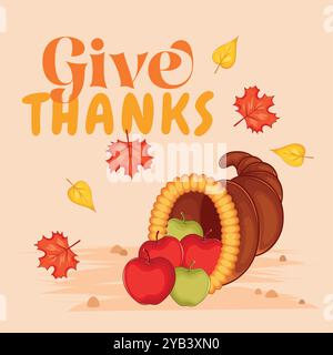 Cornucopia de Thanksgiving avec des pommes et des feuilles d'automne, vecteur Illustration de Vecteur