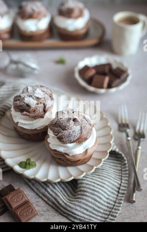 Double bouffées de crème au chocolat sur une assiette. Serviette grise dépouillée et morceaux de chocolat. Fond gris. Banque D'Images