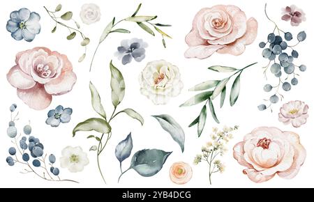 Aquarelle Flower clip art feuilles, bourgeons de fleurs sur fond isolé Banque D'Images