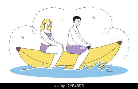 Les gens sur la banane. Homme et femme sur le tour de bateau en caoutchouc dans la mer ou l'océan. Touristes au paradis et station balnéaire. Vacances et vacances. Illustration vectorielle linéaire Illustration de Vecteur