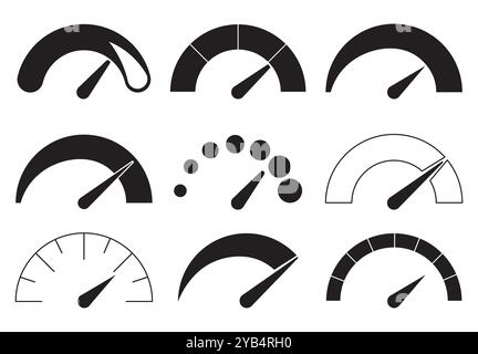 Indicateurs de vitesse réglés. Compteurs de vitesse et tachymètres. Indicateur de jauge pour la mesure des performances. Eléments graphiques pour site Web. Vecteur linéaire Illustration de Vecteur