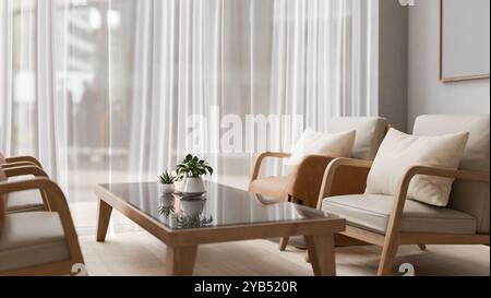 Le design intérieur d'un salon scandinave confortable avec fauteuils en bois avec oreillers et une table basse par une grande fenêtre avec transparent Banque D'Images