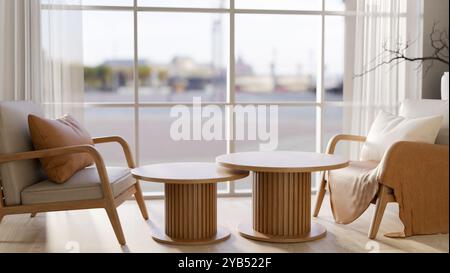 Le design intérieur d'un salon scandinave confortable avec fauteuils en bois avec oreillers et une élégante table basse ronde en bois par le w Banque D'Images