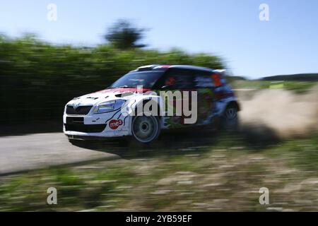 Trèves, Allemagne, le 20 août 2011, Karl Kruuda et son copilote Martin Jaerveoja dans leur Skoda Fabia S2000 glisse autour d'une courbe après avoir coupé au s. Banque D'Images