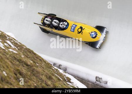 L'athlète allemand Francesco Friedrich concourt avec Candy Bauer, Martin Grothkopp et Thorsten Margis lors de la Coupe du monde BMW IBSF Bob AT Banque D'Images