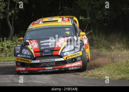 Martin Prokop et Jan Tomanek s’affrontent sur leur Ford Fiesta RS WRC lors de la deuxième journée du rallye ADAC Deutschland le 23 août 2014 à Trèves, Allemagne, EUR Banque D'Images