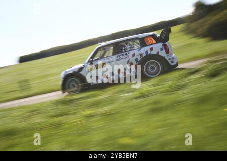 Trèves, Allemagne, le 20 août 2011, Pierre Campana et sa copilote Sabrina de Castelli dans leur Prodrive Mini au soleil SS9 (Birkenfelder Land 1) de Banque D'Images