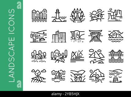 Icônes de paysage Set de 20 icônes sur le thème de l'extérieur et de la nature Illustration de Vecteur