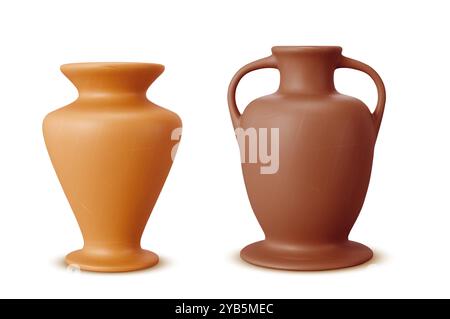 Anciens vaisseaux en argile fixés isolés sur fond blanc. Illustration réaliste vectorielle de vase en céramique traditionnel, pot, amphore avec poignées, art de poterie antique, exposition de musée, elément d'intérieur de maison Illustration de Vecteur