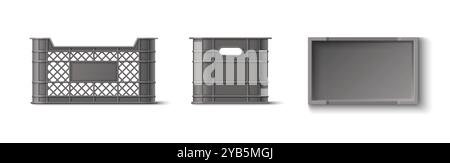 Boîte de caisse en plastique gris pour le stockage des fruits et légumes. Ensemble réaliste d'illustration vectorielle 3d d'entrepôt vide de marché ou de ferme et de panier de livraison. Récipient réutilisable pour le transport d'épicerie. Illustration de Vecteur