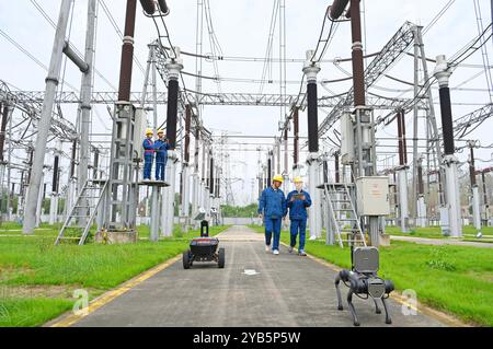 CHUZHOU, CHINE - 17 OCTOBRE 2024 - le personnel d'exploitation et de maintenance de l'énergie utilise des chiens robotisés intelligents pour réaliser des sp. Intelligents en trois dimensions Banque D'Images