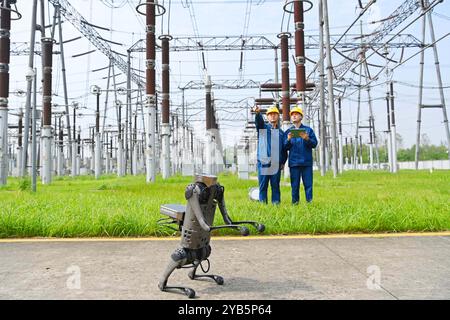 CHUZHOU, CHINE - 17 OCTOBRE 2024 - le personnel d'exploitation et de maintenance de l'énergie utilise des chiens robotisés intelligents pour réaliser des sp. Intelligents en trois dimensions Banque D'Images