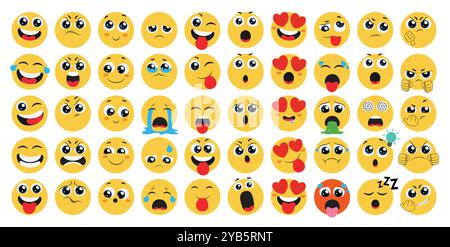 Jeu vectoriel de caractères plats emoji. Émoticône heureux, en colère, en pleurs, en amour et fou expression faciale ronde collection d'icônes jaunes en fond blanc. Illustration de Vecteur