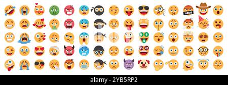 Jeu vectoriel de caractères émoticônes plats emoji. Emojis plat mignon collection de personnages dans l'expression faciale heureuse, méchante, pleure, amoureuse, malade et maléfique Illustration de Vecteur