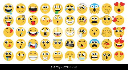 Jeu vectoriel de caractères plats emoji. Emojis affamés, heureux, méchant, idiot, en colère, émoticône malade et drôle expression faciale jaune collection d'icônes. Illustration de Vecteur