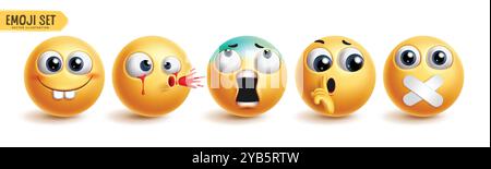 Jeu vectoriel 3d de caractères emoji. Émoticône collection d'icônes jaunes dans le caractère d'expression faciale emojis heureux, souriant, choc, effrayé et calme Illustration de Vecteur