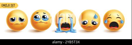 Emoji pleurant émoticône jeu de vecteur de caractères. Emojis émoticônes dans le visage triste, pleurs, larmes aux yeux, expression faciale heureuse et déçue élément graphique 3D. Illustration de Vecteur