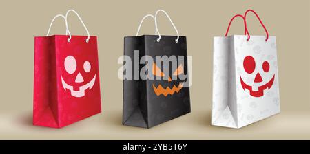 Conception de l'ensemble vectoriel de sacs à provisions d'Halloween. Objets de sac en papier d'Halloween pour collection d'éléments de shopping de vacances de saison. Cadeaux d'illustration vectorielle Illustration de Vecteur