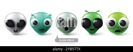 Jeu de vecteurs émoticônes exotiques emojis. Emoji émoticônes aliens, monstre, créature dans l'expression faciale heureuse, souriante, cool et drôle. Illustration de Vecteur