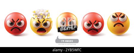 Emoji Angry emoticon Characters vecteur set. Emojis émoticônes caractère avec fou, exploser, cruel, visage de mauvaise humeur, stress et crier expressions faciales Illustration de Vecteur