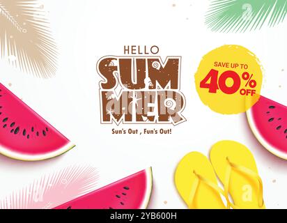 Design de bannière vectorielle de texte de vente d'été. Texte de voeux d'été Bonjour avec 40% de réduction sur le prix de la promotion de magasinage de la saison des fêtes Illustration de Vecteur